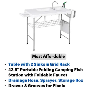 an image for Allpop Fish Cleaning Table with 2 Sinks & Grid Rack, 42.5'' Portable Folding Camping Fish Station with Foldable Faucet