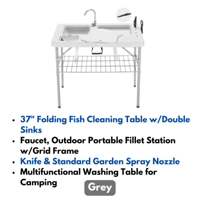 an image for Folding Fish Cleaning Table w/Double Sinks & Faucet, Outdoor Portable Fillet Station w/Grid Frame, Knife & Standard Garden Spray Nozzle, Multifunctional Washing Table for Camping