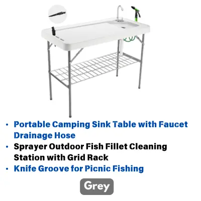 an image of Folding Fish Cleaning Table Portable Camping Sink Table with Faucet Drainage Hose & Sprayer Outdoor Fish Fillet Cleaning Station