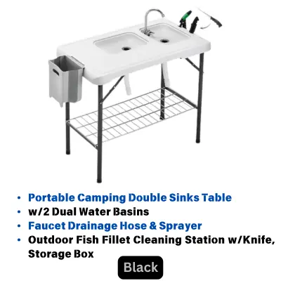 an image of Folding Fish Cleaning Table Portable Camping Double Sinks Table